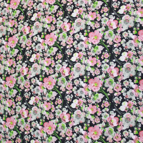 Pound A Metre 1 Metre Premium Dressmaking 100% Cotton Floral Sateen - Floral Explosion - 45" Wide Pink & Black