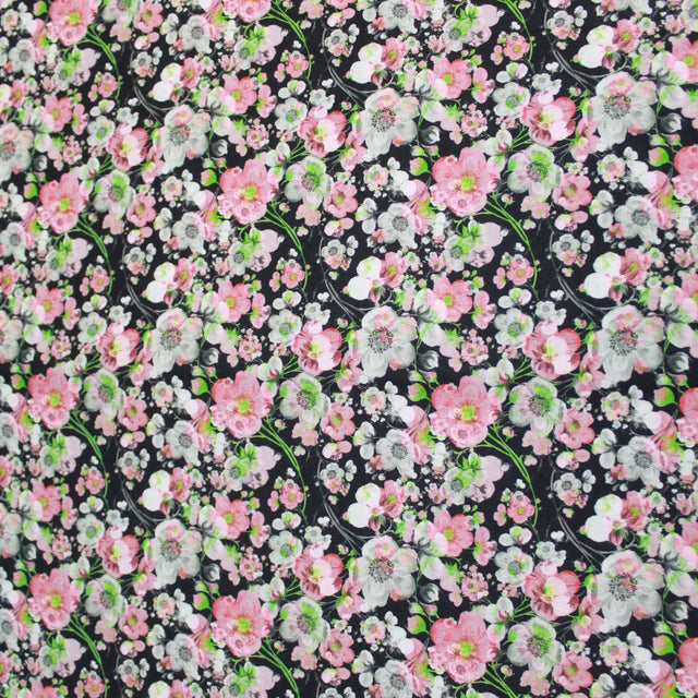 Pound A Metre 1 Metre Premium Dressmaking 100% Cotton Floral Sateen - Floral Explosion - 45" Wide Pink & Black