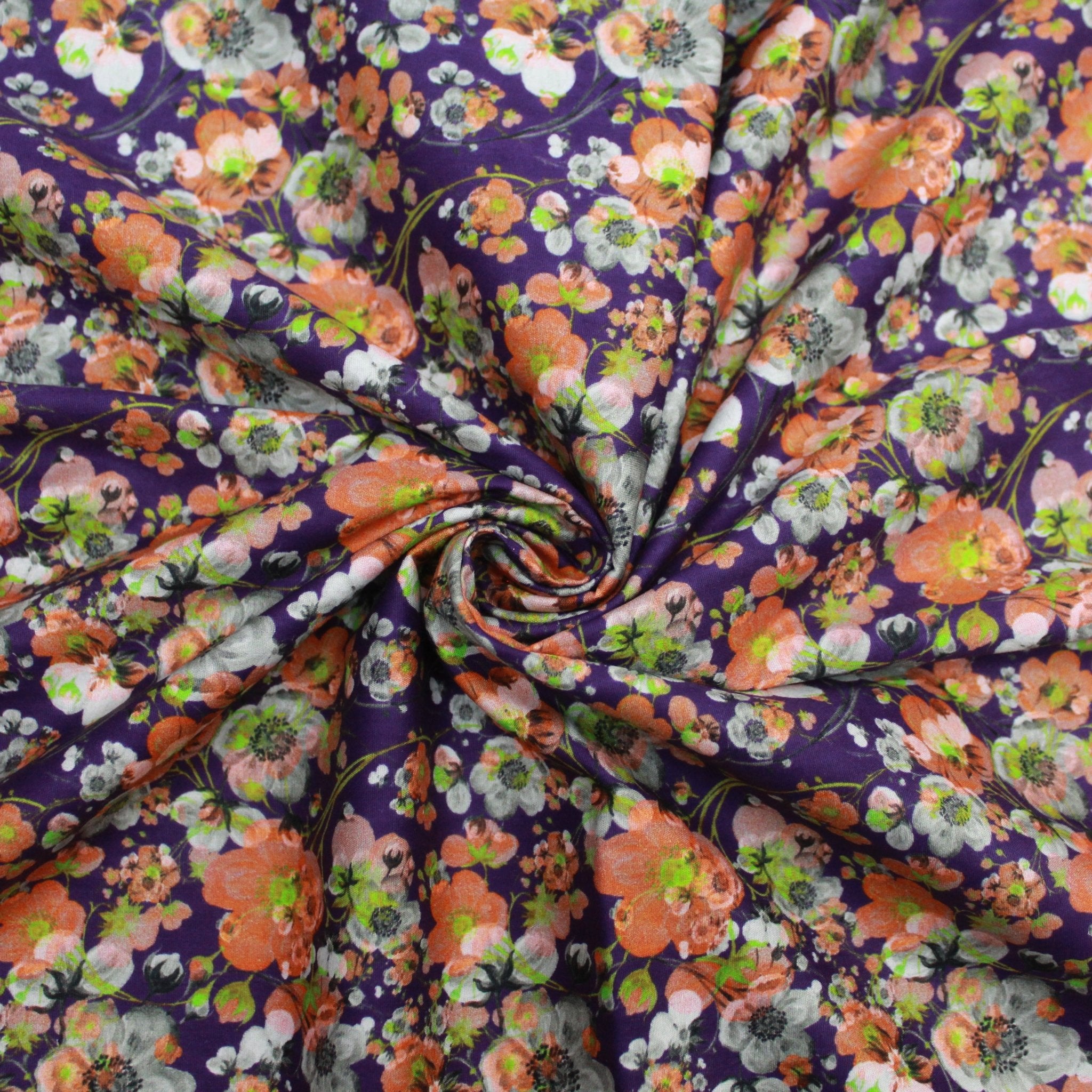 Premium Dressmaking 100% Cotton Floral Sateen - Floral Explosion - 45" Wide Purple & Orange - Pound A Metre