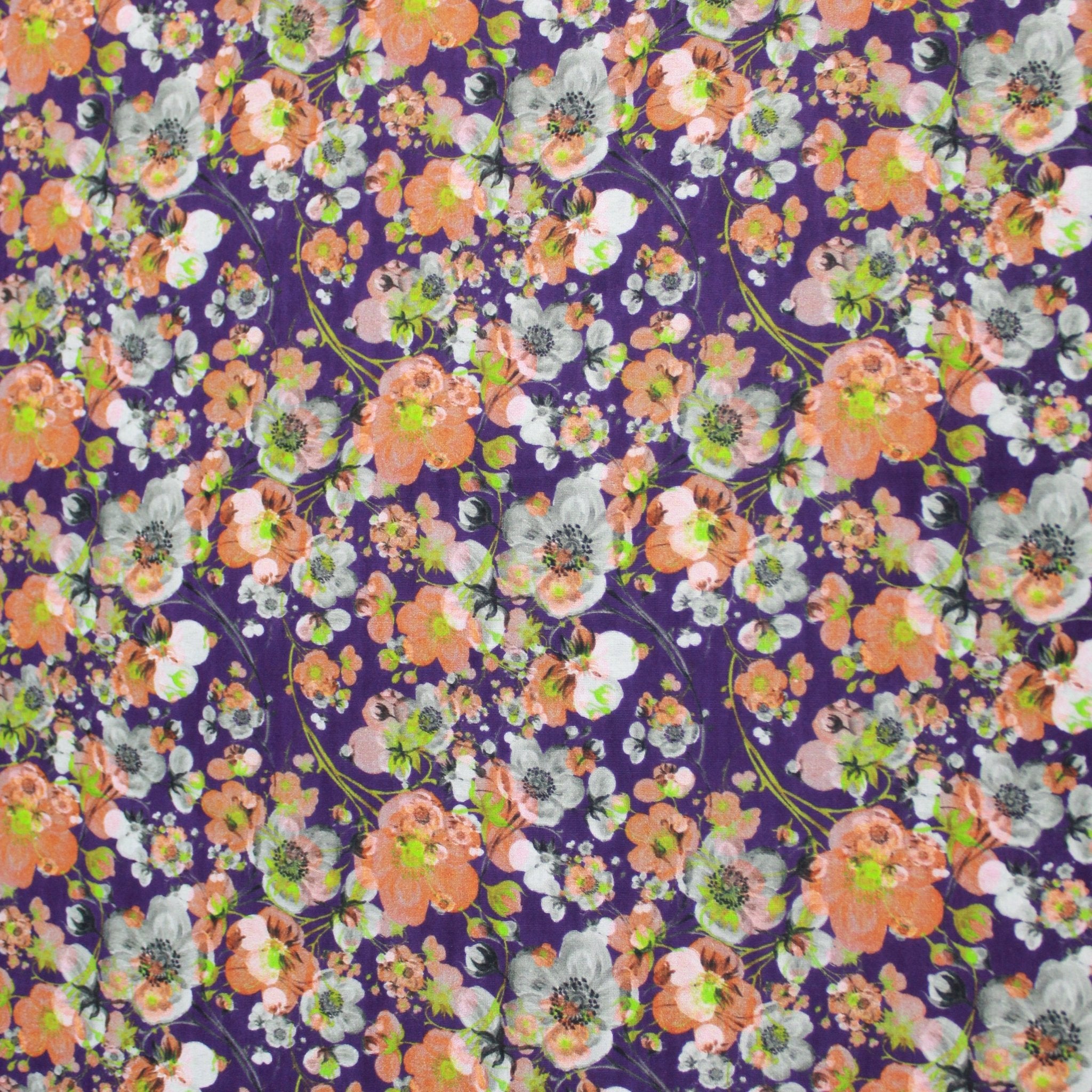 Premium Dressmaking 100% Cotton Floral Sateen - Floral Explosion - 45" Wide Purple & Orange - Pound A Metre