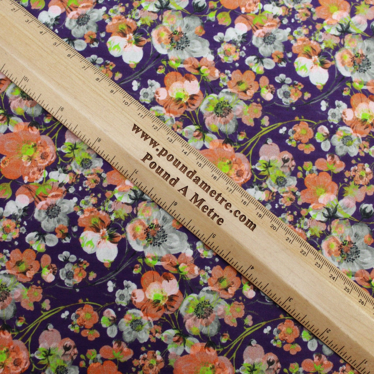 Pound A Metre 1 Metre Premium Dressmaking 100% Cotton Floral Sateen - Floral Explosion - 45" Wide Purple & Orange