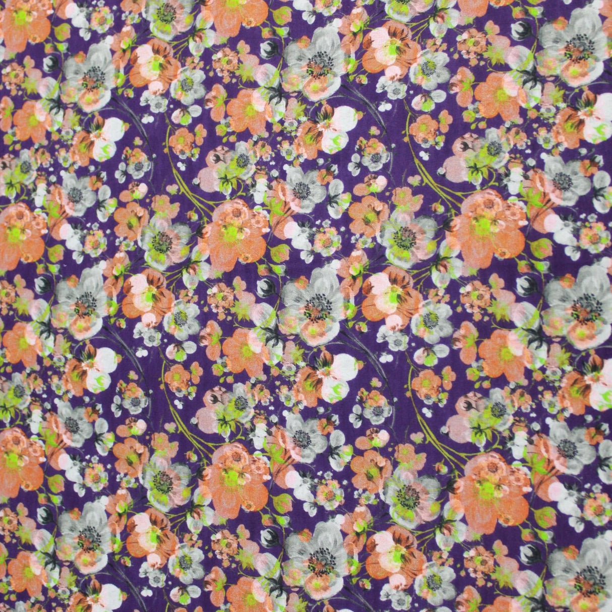 Pound A Metre 1 Metre Premium Dressmaking 100% Cotton Floral Sateen - Floral Explosion - 45" Wide Purple & Orange