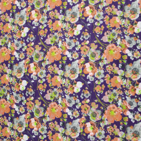 Pound A Metre 1 Metre Premium Dressmaking 100% Cotton Floral Sateen - Floral Explosion - 45" Wide Purple & Orange