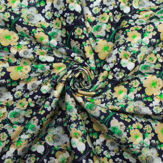 Premium Dressmaking 100% Cotton Floral Sateen - Floral Explosion - 60" Wide Navy & Yellow - Pound A Metre
