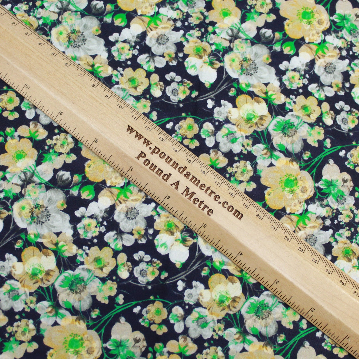 Premium Dressmaking 100% Cotton Floral Sateen - Floral Explosion - 60" Wide Navy & Yellow - Pound A Metre