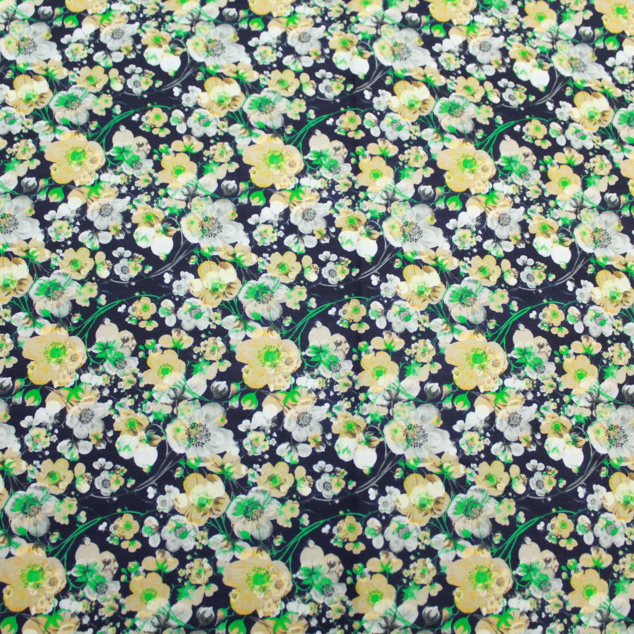 Premium Dressmaking 100% Cotton Floral Sateen - Floral Explosion - 60" Wide Navy & Yellow - Pound A Metre