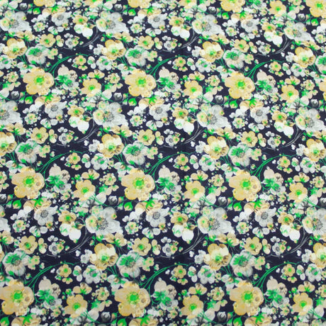 Pound A Metre 1 Metre Premium Dressmaking 100% Cotton Floral Sateen - Floral Explosion - 60" Wide Navy & Yellow
