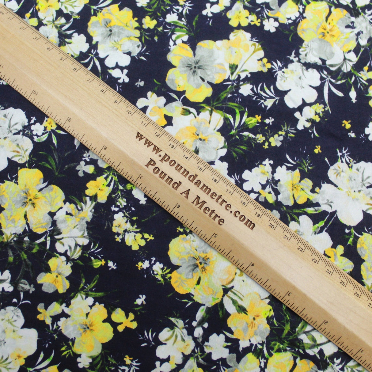 Premium Dressmaking 100% Cotton Floral Sateen - Flower Bunch - 45" Wide Navy & Yellow - Pound A Metre