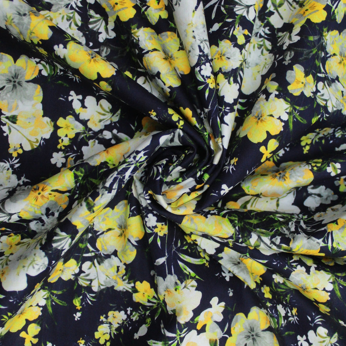 Premium Dressmaking 100% Cotton Floral Sateen - Flower Bunch - 45" Wide Navy & Yellow - Pound A Metre