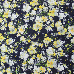 Premium Dressmaking 100% Cotton Floral Sateen - Flower Bunch - 45" Wide Navy & Yellow - Pound A Metre