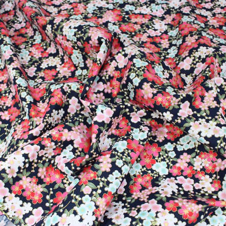 Pound A Metre 1 Metre Premium Quality 100% Oriental Foil Cotton - Blossom - 55" Wide Navy