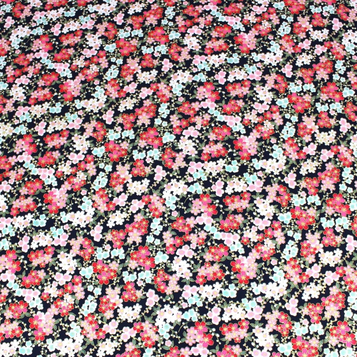 Pound A Metre 1 Metre Premium Quality 100% Oriental Foil Cotton - Blossom - 55" Wide Navy