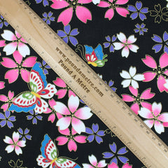 Premium Quality 100% Oriental Foil Cotton - Butterfly Melody - 55" Wide Black - Pound A Metre