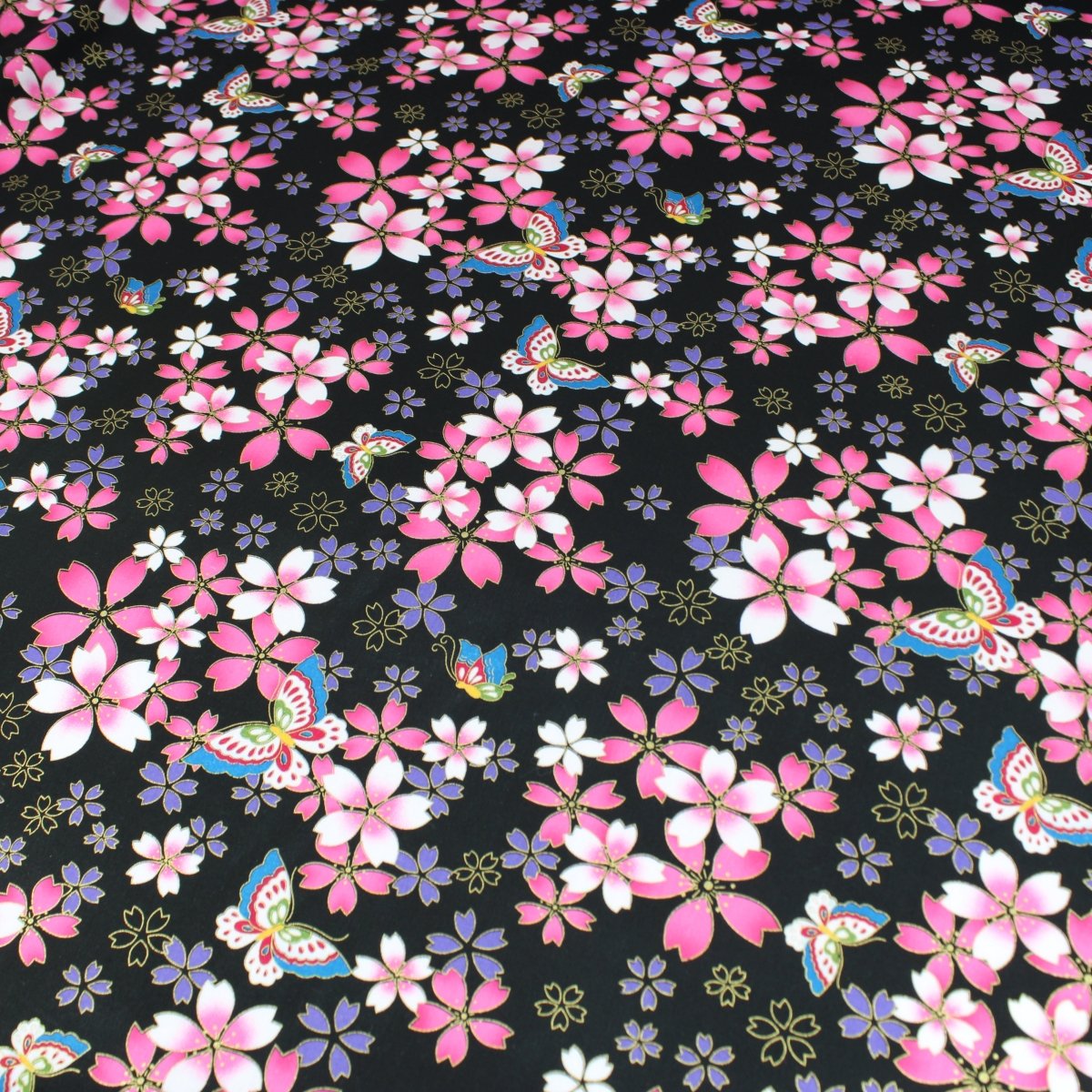 Premium Quality 100% Oriental Foil Cotton - Butterfly Melody - 55" Wide Black - Pound A Metre
