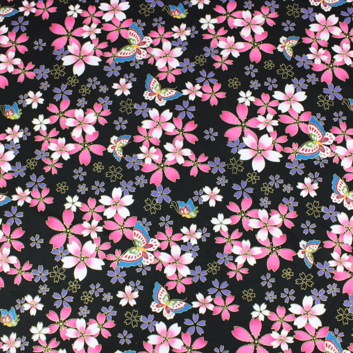 Premium Quality 100% Oriental Foil Cotton - Butterfly Melody - 55" Wide Black - Pound A Metre