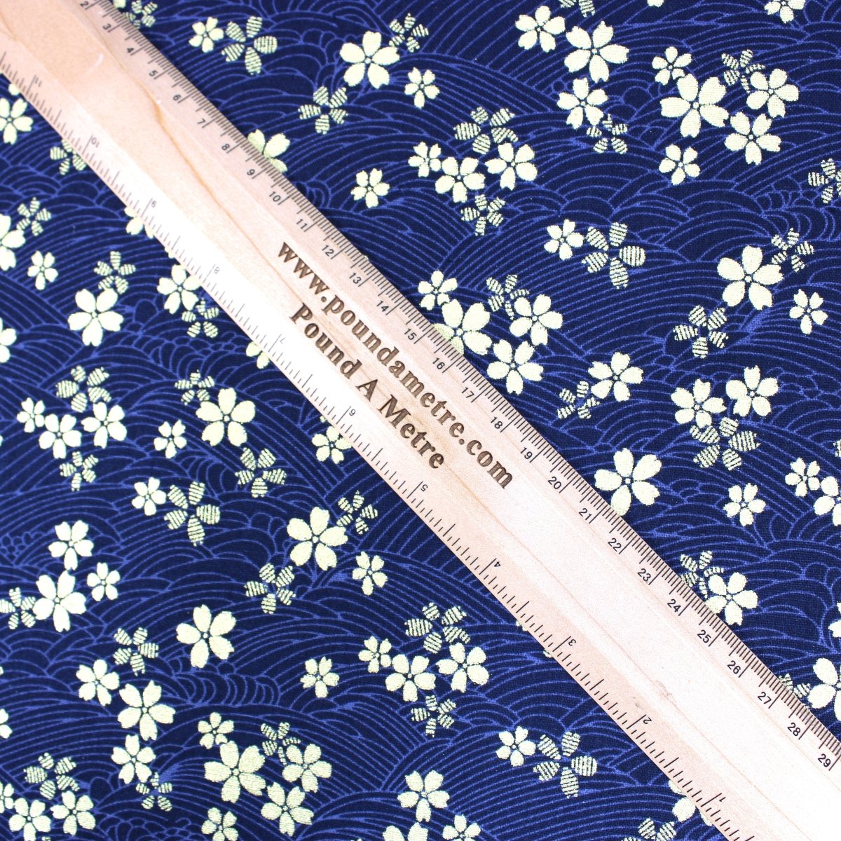 Premium Quality 100% Oriental Foil Cotton - Gold Blossom - 55" Wide Navy - Pound A Metre