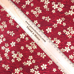 Premium Quality 100% Oriental Foil Cotton - Gold Blossom - 55" Wide Red - Pound A Metre