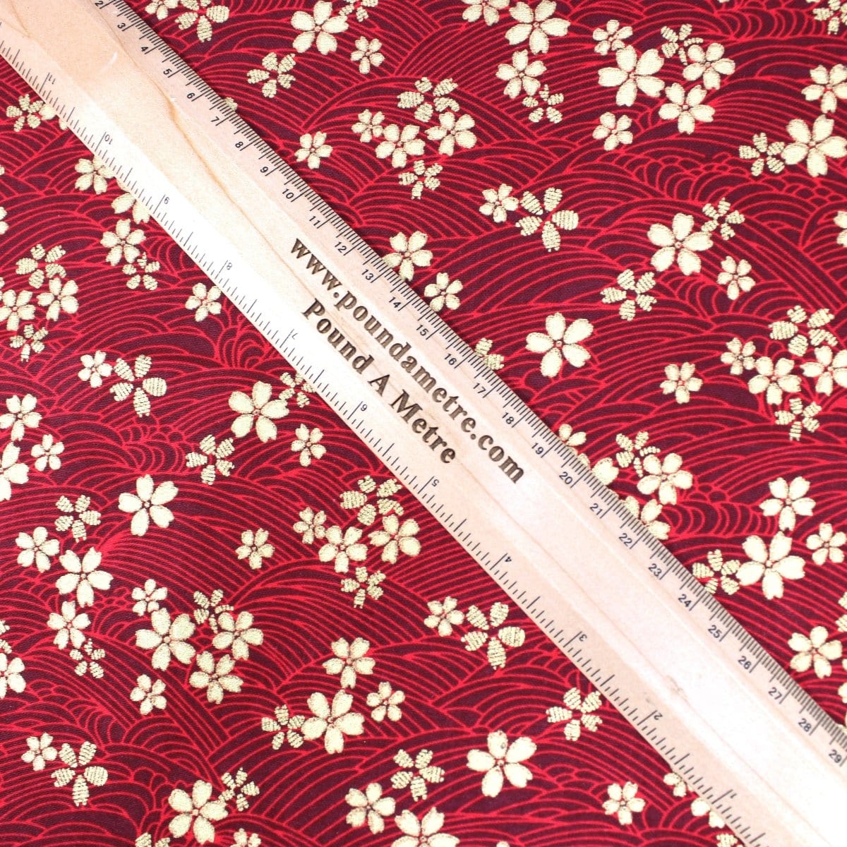 Pound A Metre 1 Metre Premium Quality 100% Oriental Foil Cotton - Gold Blossom - 55" Wide Red
