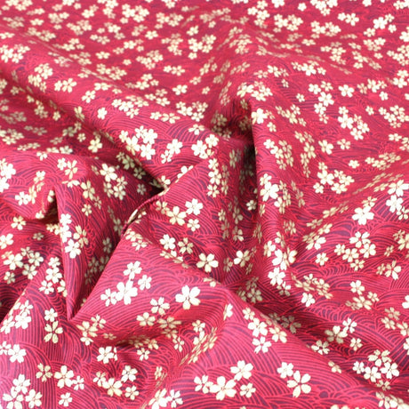 Pound A Metre 1 Metre Premium Quality 100% Oriental Foil Cotton - Gold Blossom - 55" Wide Red