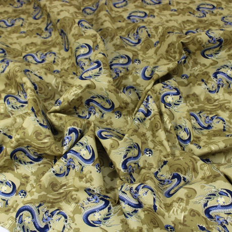 Pound A Metre 1 Metre Premium Quality 100% Oriental Foil Cotton - Japanese Dragon - 55" Wide Antique Gold