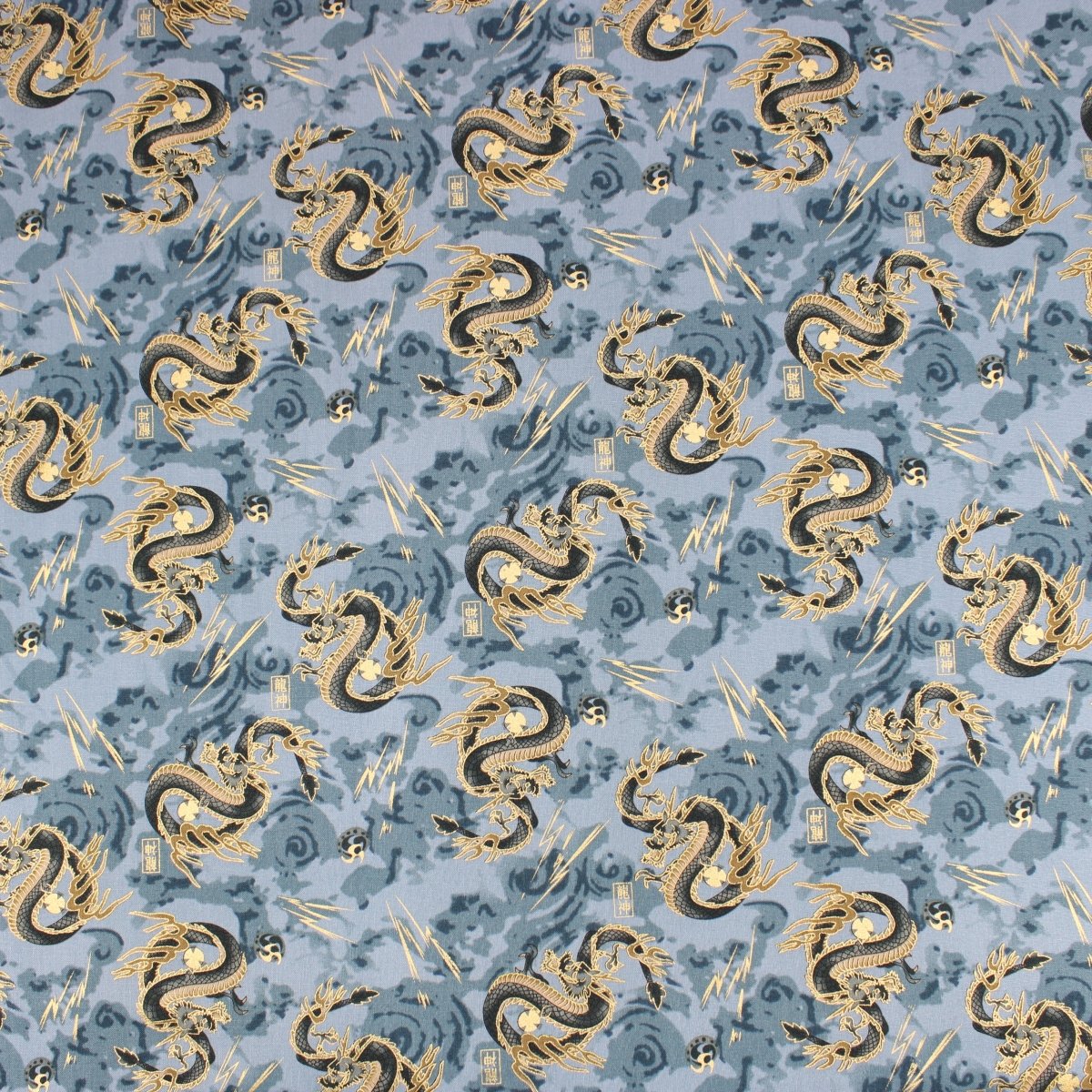 Premium Quality 100% Oriental Foil Cotton - Japanese Dragon - 55" Wide Dusky Blue - Pound A Metre