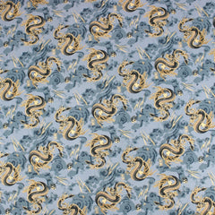 Premium Quality 100% Oriental Foil Cotton - Japanese Dragon - 55" Wide Dusky Blue - Pound A Metre