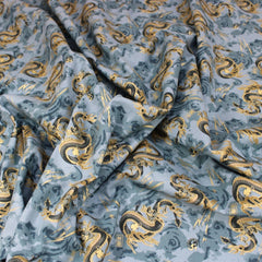 Premium Quality 100% Oriental Foil Cotton - Japanese Dragon - 55" Wide Dusky Blue - Pound A Metre