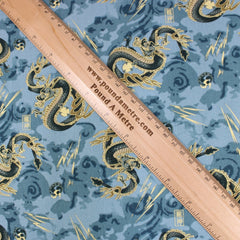 Premium Quality 100% Oriental Foil Cotton - Japanese Dragon - 55" Wide Dusky Blue - Pound A Metre