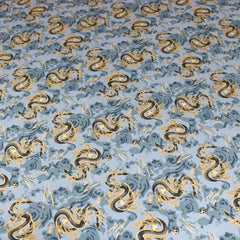 Premium Quality 100% Oriental Foil Cotton - Japanese Dragon - 55" Wide Dusky Blue - Pound A Metre