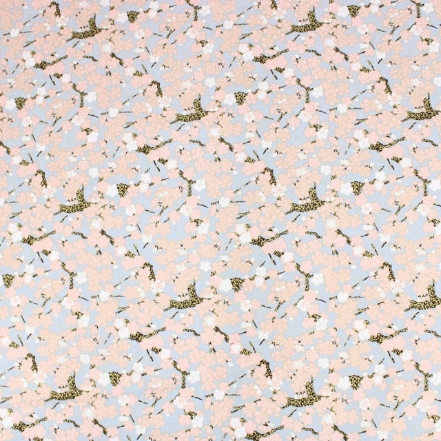 Pound A Metre 1 Metre Premium Quality 100% Oriental Foil Cotton - Pink Cherry Blossom - 55" Wide Light Grey
