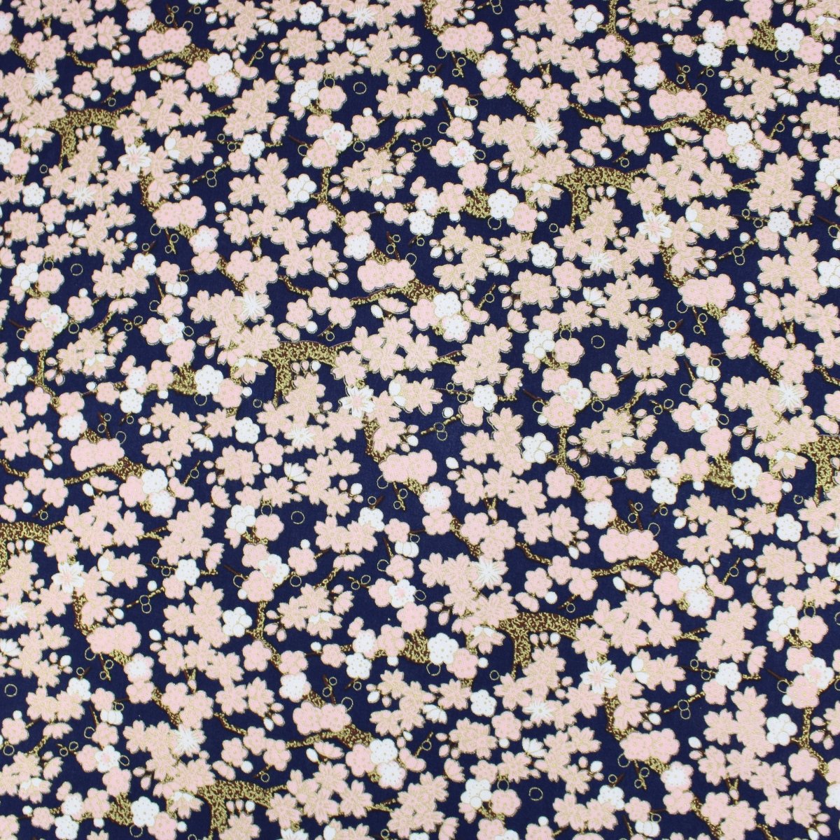 Premium Quality 100% Oriental Foil Cotton - Pink Cherry Blossom - 55" Wide Navy - Pound A Metre