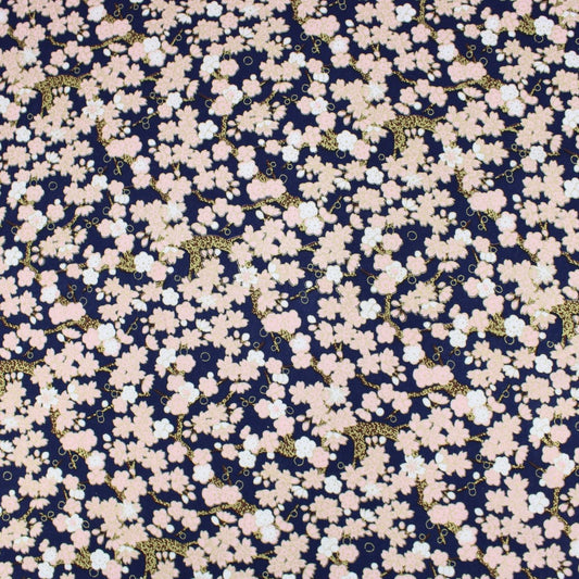 Premium Quality 100% Oriental Foil Cotton - Pink Cherry Blossom - 55" Wide Navy - Pound A Metre