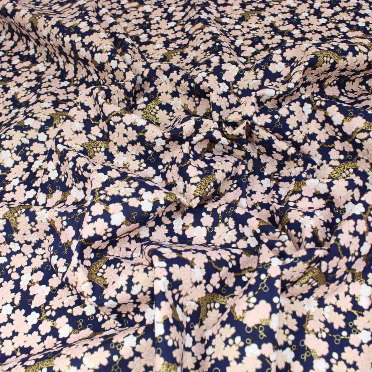 Pound A Metre 1 Metre Premium Quality 100% Oriental Foil Cotton - Pink Cherry Blossom - 55" Wide Navy