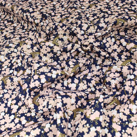 Pound A Metre 1 Metre Premium Quality 100% Oriental Foil Cotton - Pink Cherry Blossom - 55" Wide Navy
