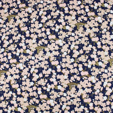 Pound A Metre 1 Metre Premium Quality 100% Oriental Foil Cotton - Pink Cherry Blossom - 55" Wide Navy