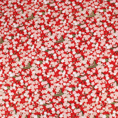 Premium Quality 100% Oriental Foil Cotton - Pink Cherry Blossom - 55" Wide Red - Pound A Metre