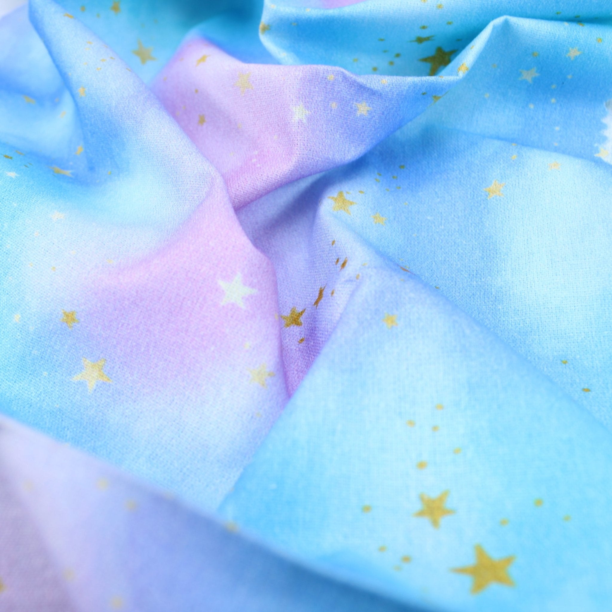 Premium Quality 100% Quilting Cotton - Galactix Range - Tye-Dye Gold Stars - 45’ Wide Pink, Lilac, Blue - Pound A Metre