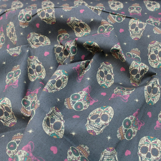 Premium Quality 100% Quilting Cotton - Halloween Range - Gold Skulls - 45’ Wide - Pound A Metre