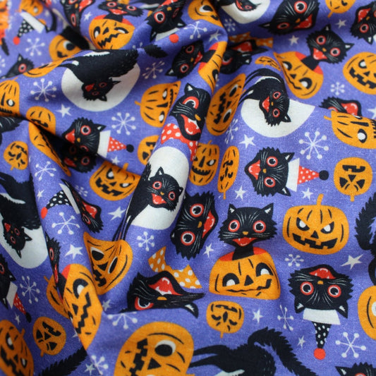 Premium Quality 100% Quilting Cotton - Halloween Range - Pumpkin & Cat - 45’ Wide - Pound A Metre
