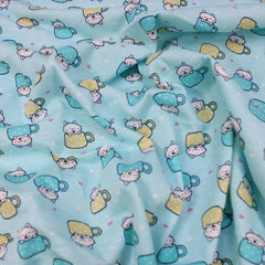 Premium Quality Soft Cotton Jersey 'Cat in Cup' 55" Wide Baby Blue - Pound A Metre