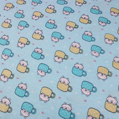 Premium Quality Soft Cotton Jersey 'Cat in Cup' 55" Wide Baby Blue - Pound A Metre
