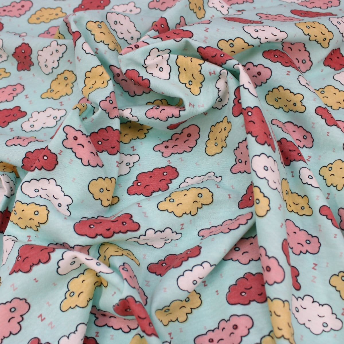Pound A Metre 1 Metre Premium Quality Soft Cotton Jersey 'Dreaming Clouds' 55" Wide Pale Turquoise
