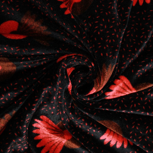 Super Soft Floral Stretch Velvet - Floral Shell - 60" Wide Brown & Red - Pound A Metre
